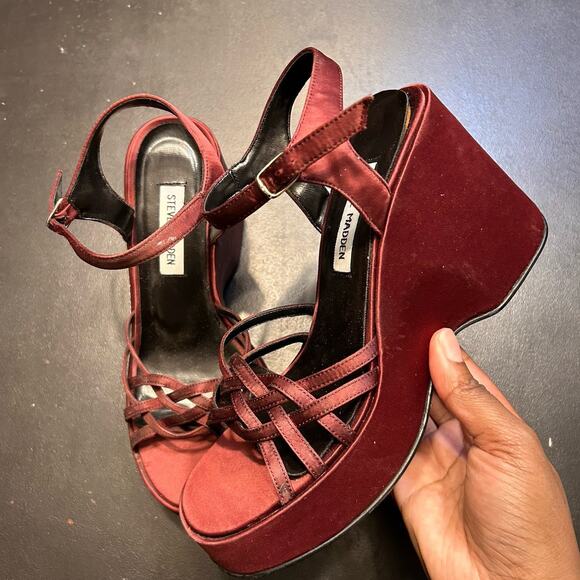 90s Steve Madden Chunky Platform Sandals Burgundy Satin Ankle Strap Size 7.5 - Picture 2 of 4